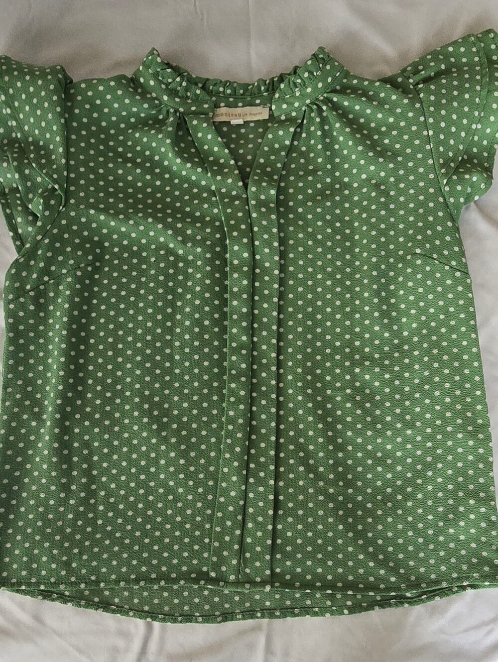 Green Polka Dot Ruffle Neck Blouse